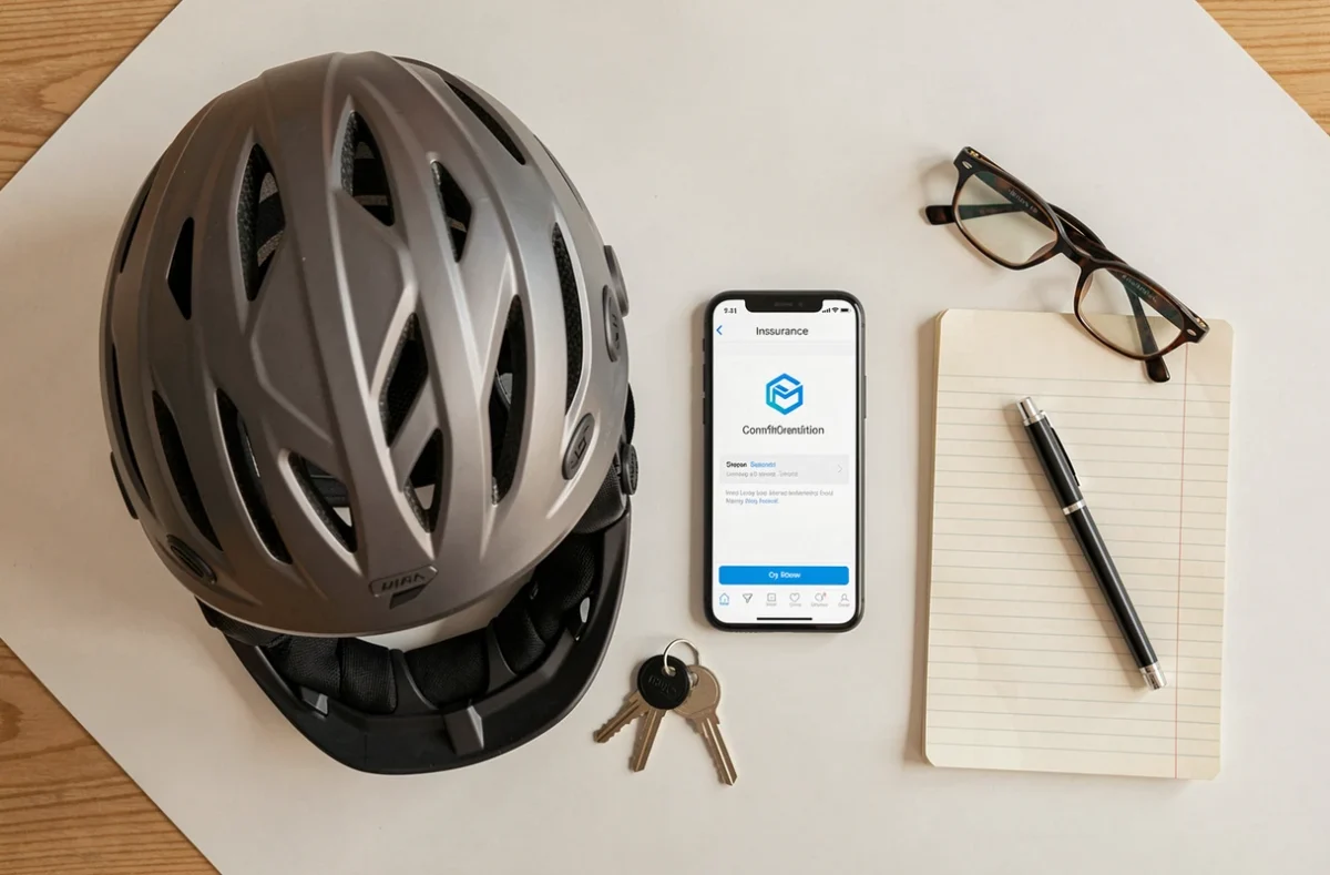 Vue de dessus d'un bureau avec casque de scooter électrique, smartphone affichant une confirmation d'assurance et accessoires