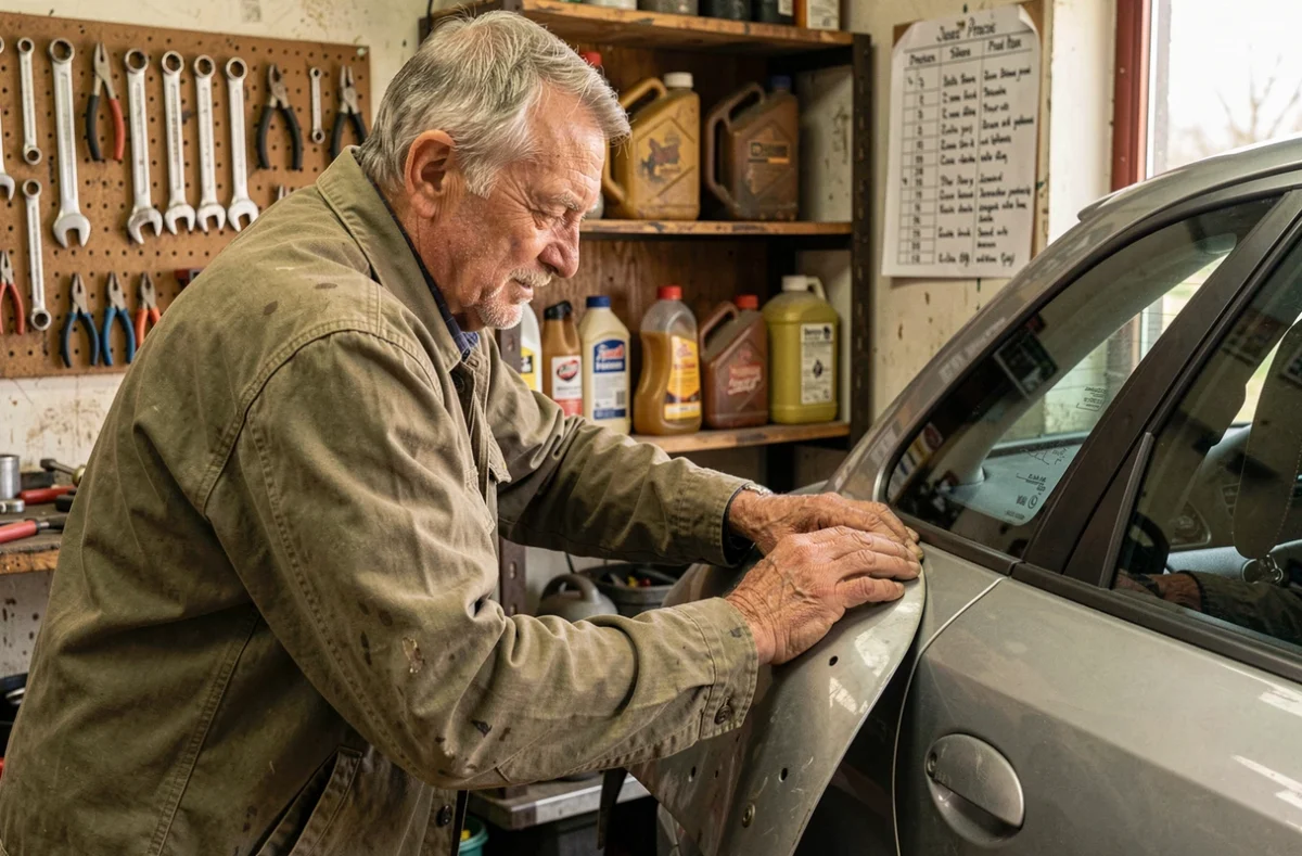 Mécanicien expérimenté remplaçant une aile arrière dans l'atelier familial du Garage ABZ Francis