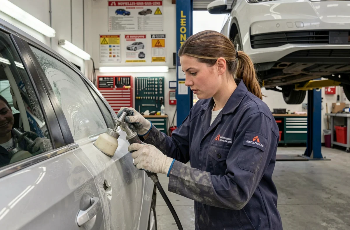 Carrossière appliquant du mastic sur une portière abîmée au Garage Auto Évasion 62 à Noyelles-sous-Lens