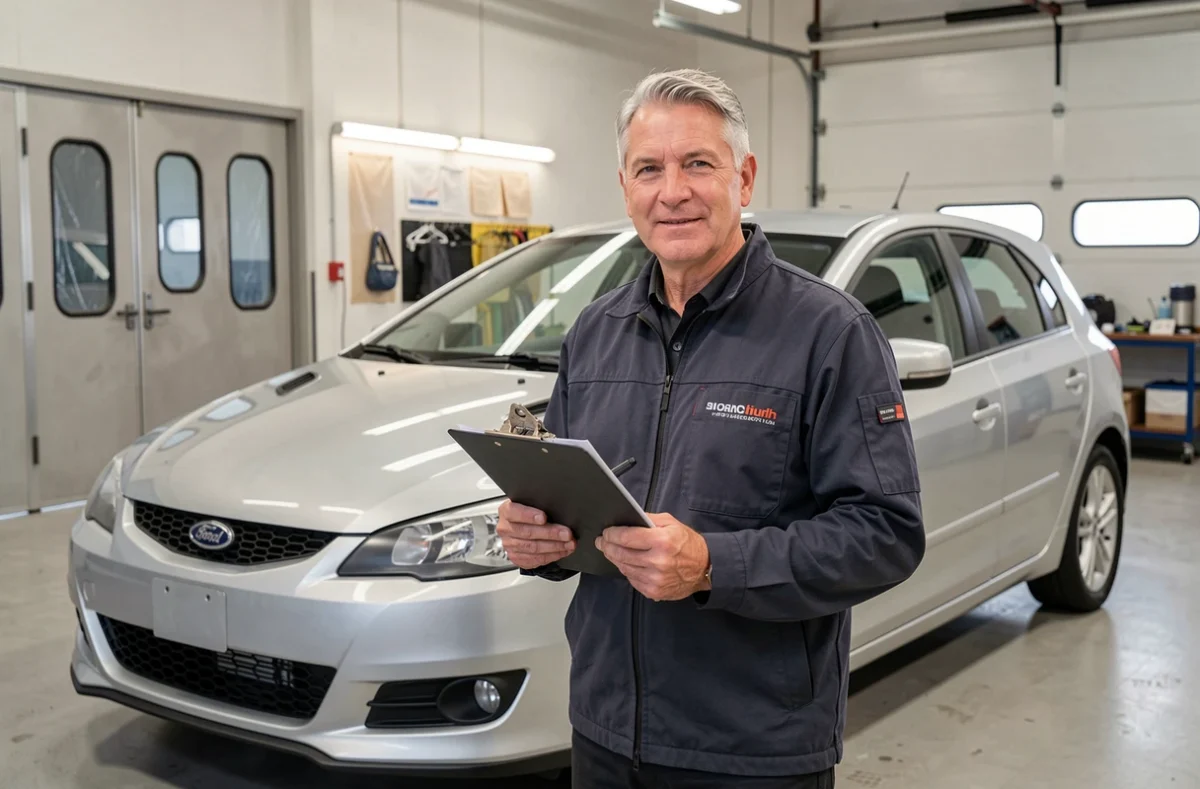 Propriétaire du Garage Briez présentant un véhicule fraîchement repeint dans son atelier de carrosserie