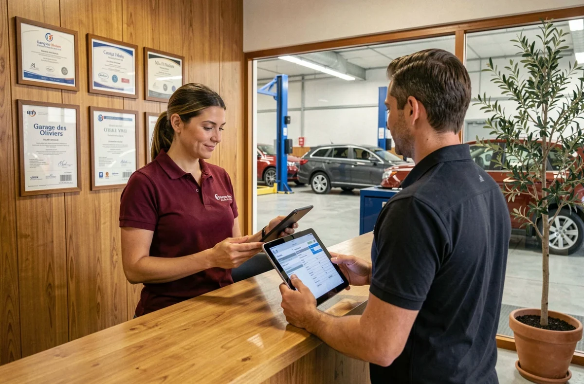 Conseillère du Garage des Oliviers accueillant un client à la réception d'un garage automobile