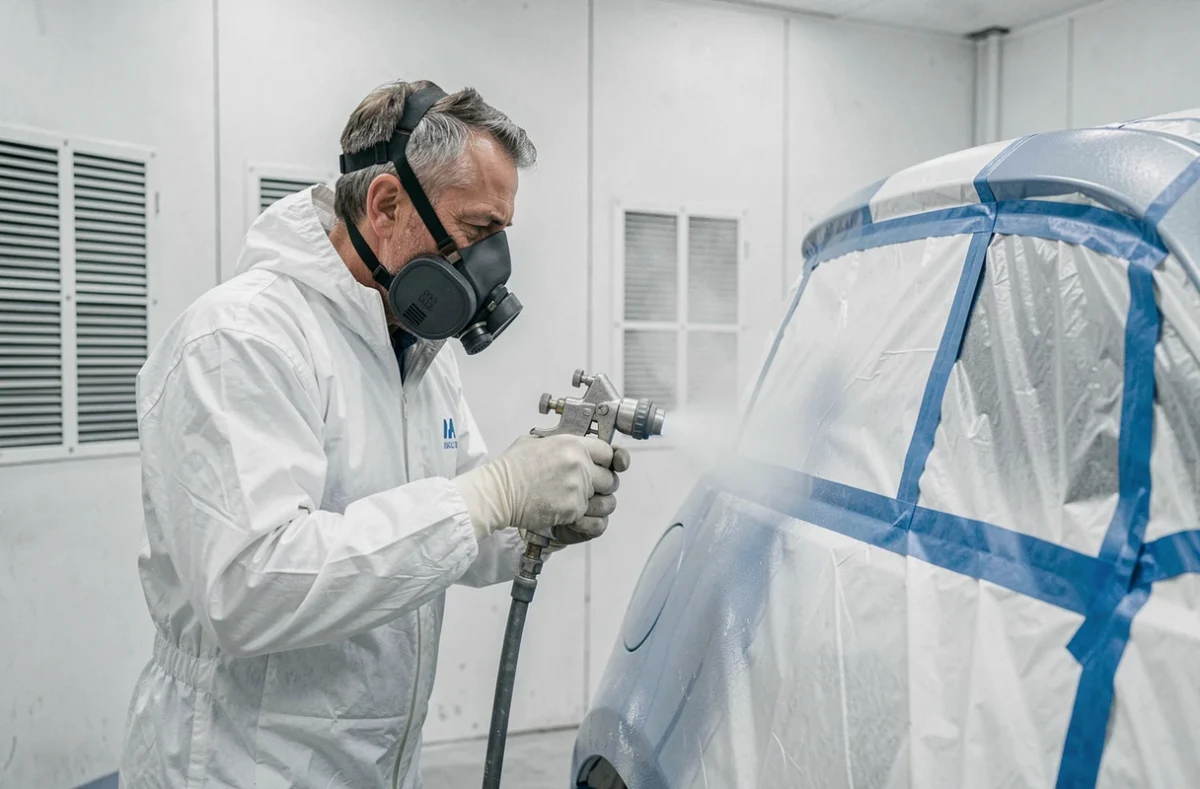 Carrossier Alain Dufour en combinaison blanche appliquant de la peinture en cabine au Garage Dufour Alain