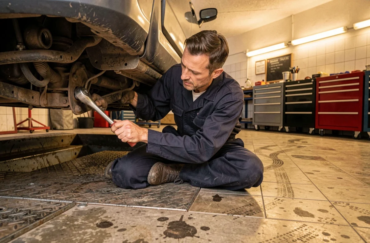 Mécanicien du Garage Fosse travaillant dans une fosse d'inspection sous un véhicule
