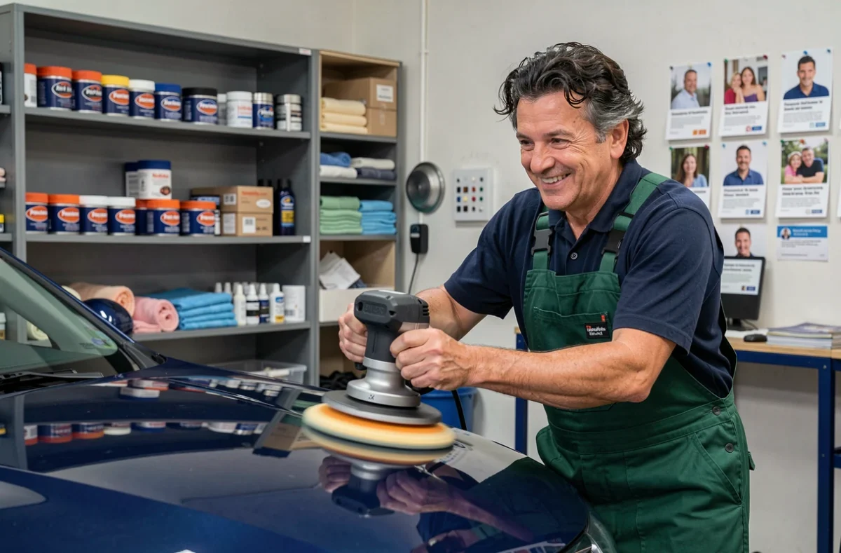 Technicien du Garage Marcotte polissant le capot d'une berline bleu foncé avec une polisseuse rotative