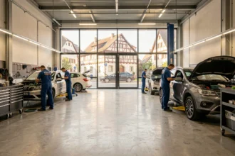 Vue panoramique d'un garage automobile professionnel dans le Bas-Rhin avec mécaniciens au travail