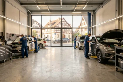 Vue panoramique d'un garage automobile professionnel dans le Bas-Rhin avec mécaniciens au travail