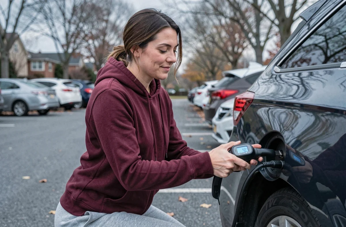 Femme utilisant un gonfleur portable dans un parking de banlieue à l'automne