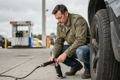 Homme gonflant un pneu de voiture à une station-service avec un gonfleur numérique