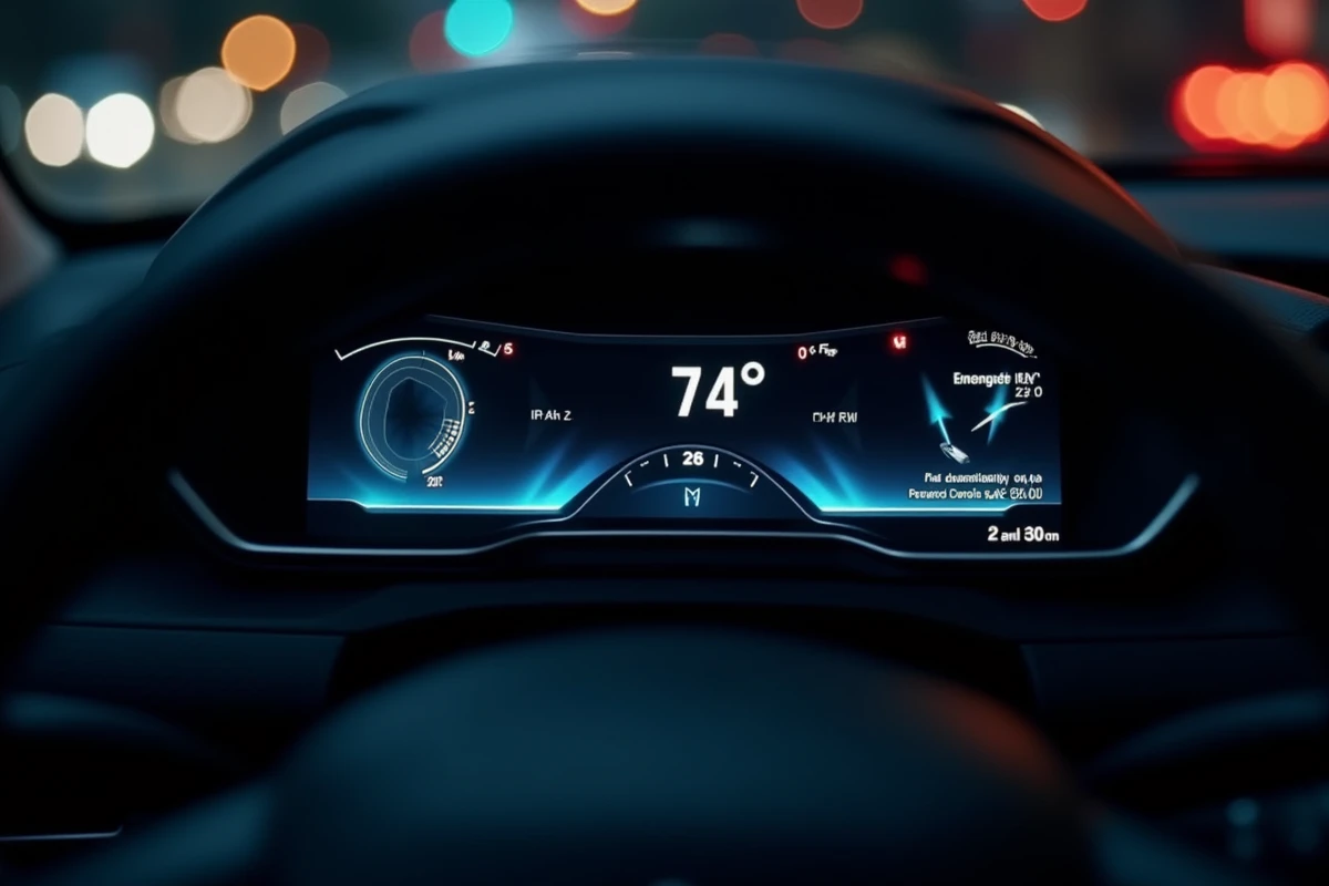 Gros plan sur le cockpit numérique de la Peugeot 208 affichant les informations de conduite nocturne avec une lisibilité optimale
