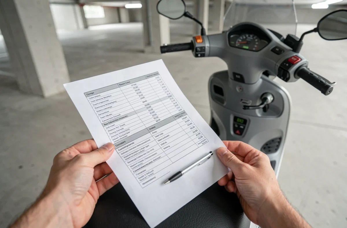 Gros plan sur un contrat d'assurance scooter posé sur la selle avec un stylo