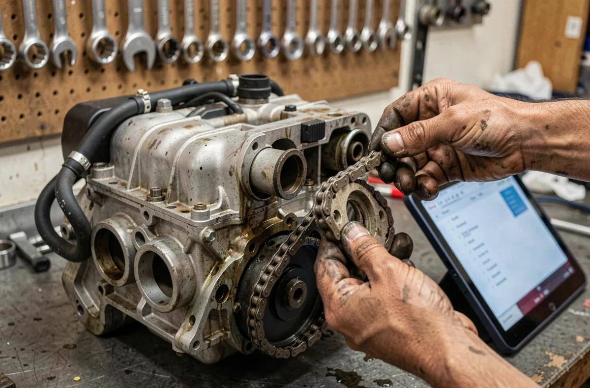Gros plan sur le bloc moteur 1.0 TSI trois cylindres avec chaîne de distribution usée et tablette de diagnostic