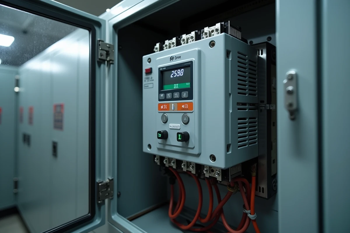 Gros plan d'un variateur de fréquence PT Drive installé dans une armoire électrique industrielle avec bornes et câblage