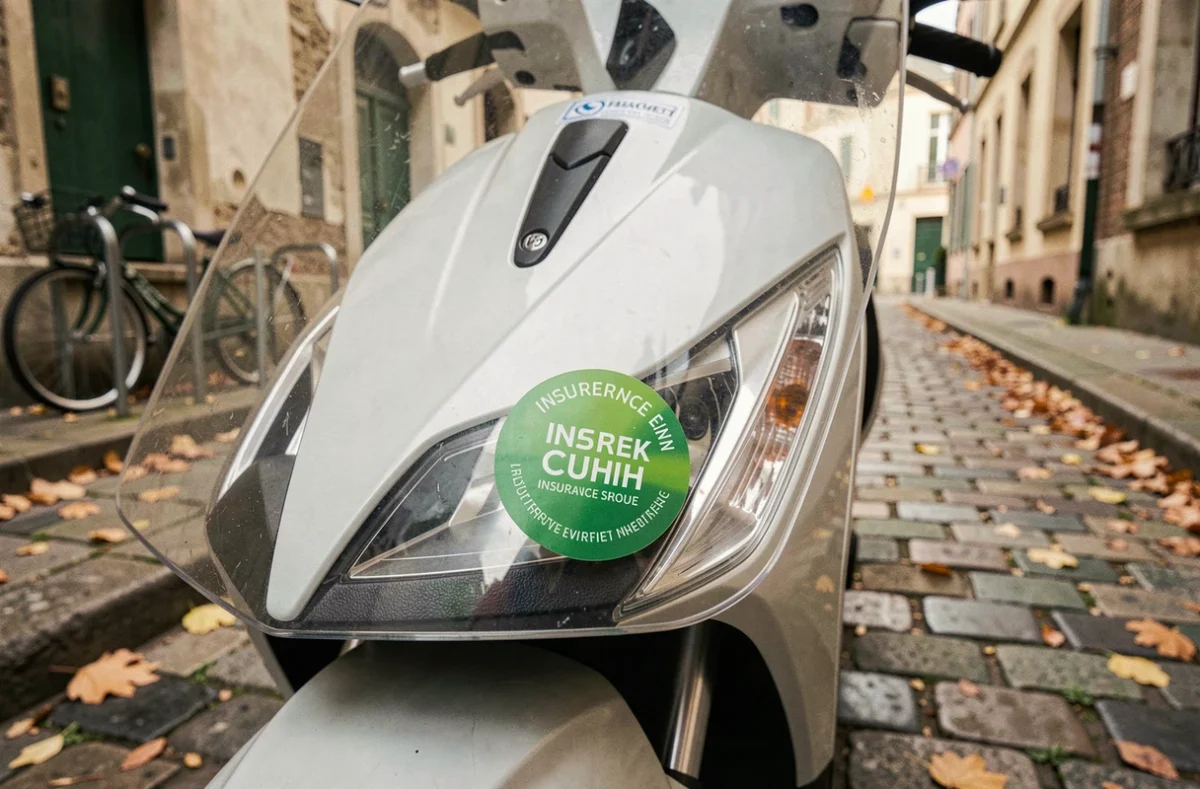 Gros plan sur une vignette d'assurance verte collée sur le pare-brise d'un scooter