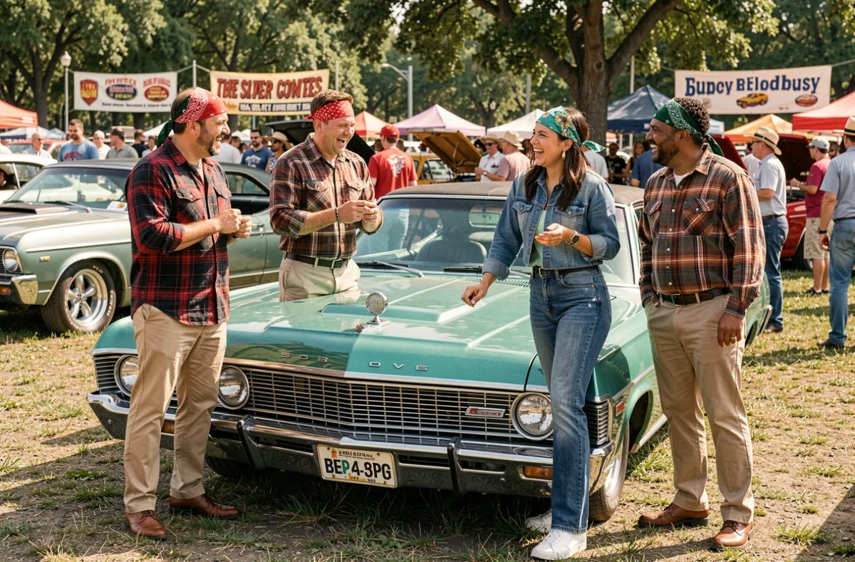 Groupe d'amis en tenue Chicano réunis autour d'un Chevrolet Impala lowrider vert candy lors d'un show de voitures customisées en plein air