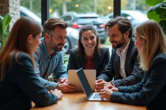 Groupe de passionnés BMW discutant autour d'un ordinateur en café