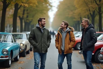 Groupe de passionnés de voitures anciennes et modernes en plein air