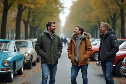 Groupe de passionnés de voitures anciennes et modernes en plein air