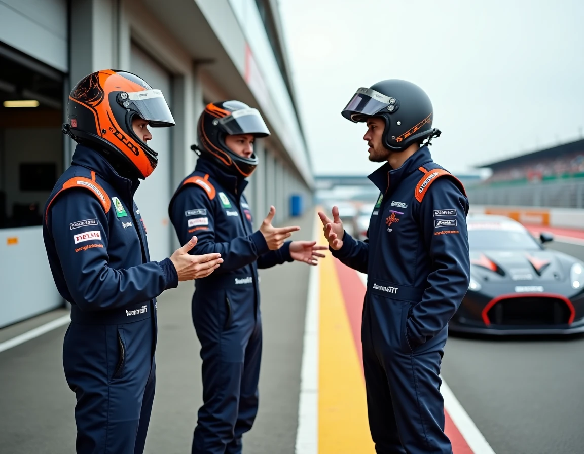 Groupe de participants en combinaison devant des voitures de sport dans les stands d'un circuit de pilotage