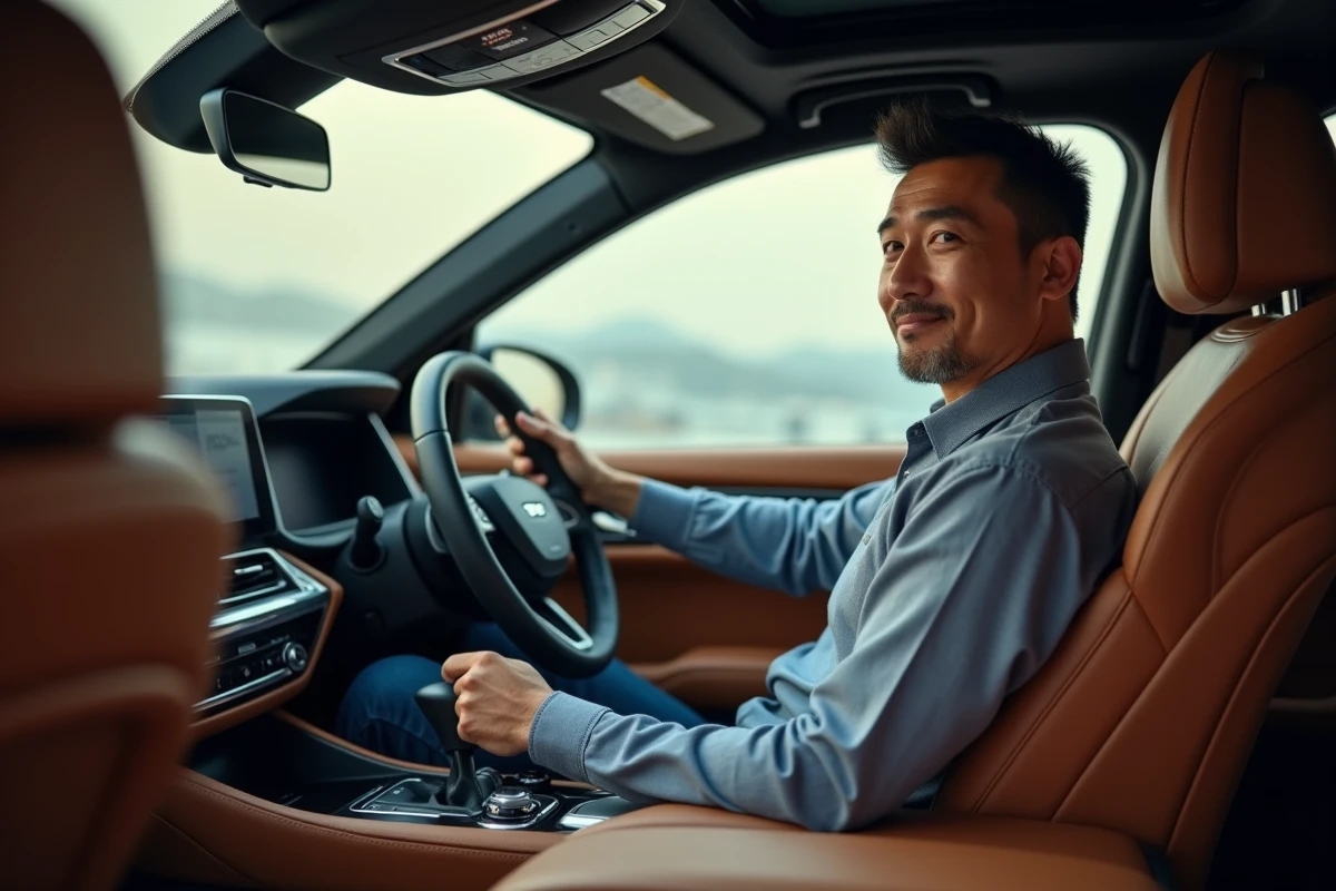 Conducteur dans l'habitacle luxueux d'un SUV asiatique avec équipements high-tech et cuir premium