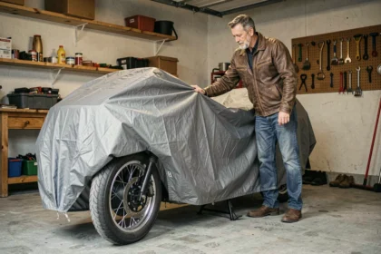Motard couvrant sa moto d'une bâche de protection dans un garage en automne pour préparer l'hivernage