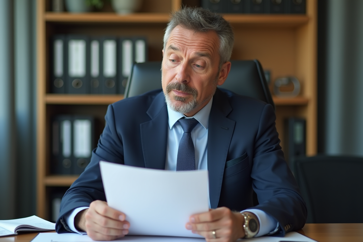 Homme d affaires en costume noir examine documents d assurance