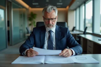 Homme d affaires en costume navy dans un bureau moderne