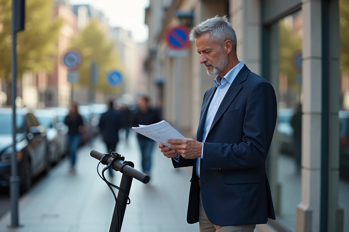 Homme d’affaires vérifiant documents près de son scooter électrique