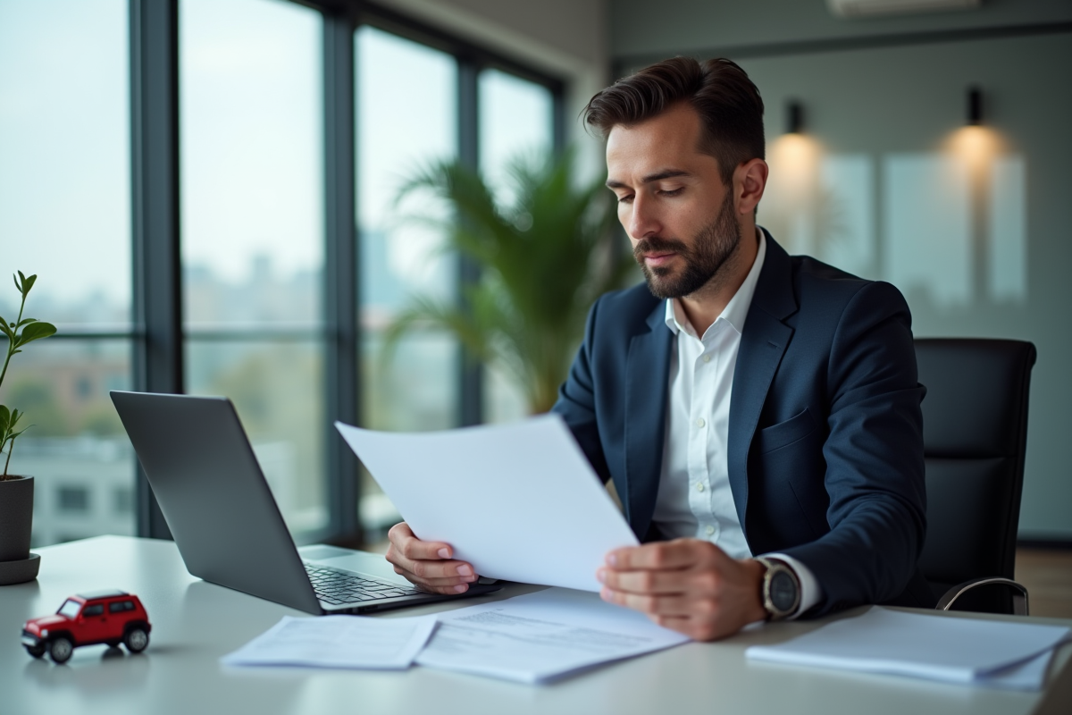 Homme d'affaires en costume examine des documents de voiture