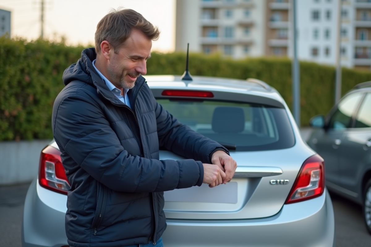 Homme fixant une plaque d'immatriculation sur une voiture