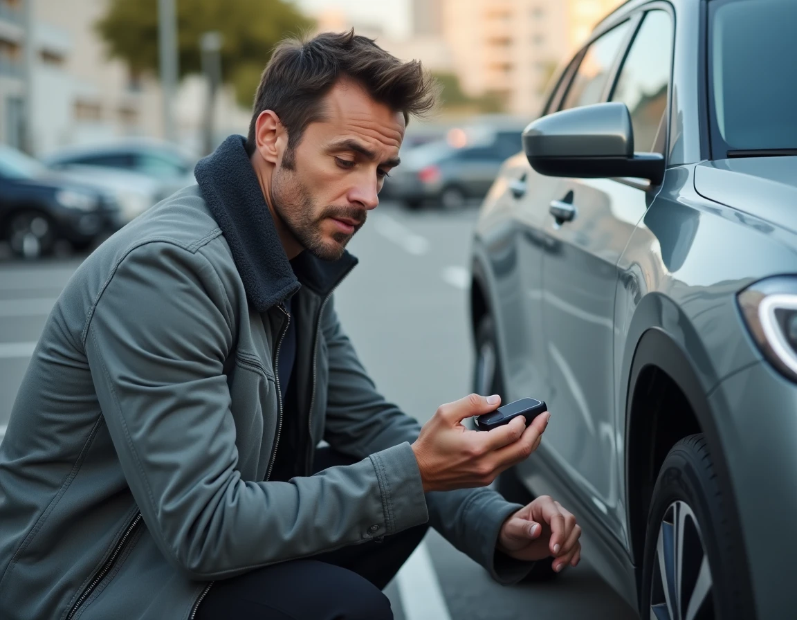 Homme tenant une balise Bluetooth automotive dans sa main près d'un SUV garé dans un parking urbain