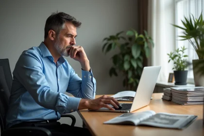 Homme d age moyen au bureau examine un site de pneus