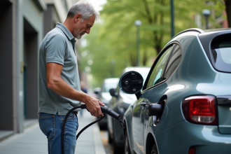 Homme en polo charge une voiture électrique en ville