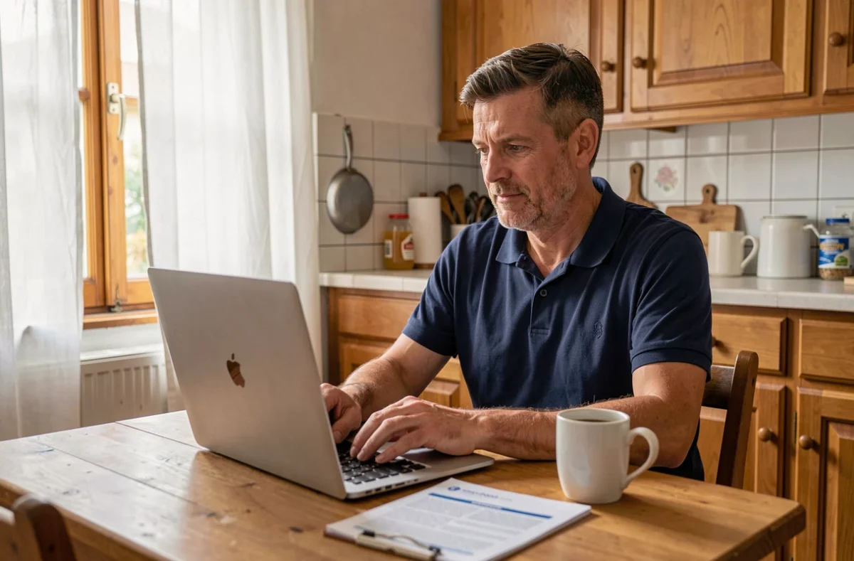 Homme comparant des offres d'assurance auto ACA sur un ordinateur portable à la maison
