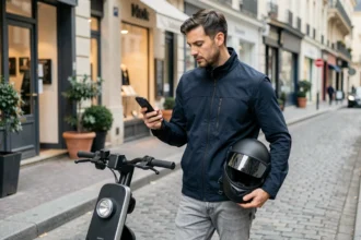 Homme consultant son téléphone pour comparer des assurances scooter dans une rue parisienne