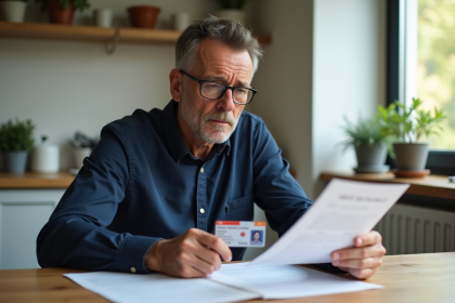 Homme d'âge moyen tenant un permis de conduire français dans une cuisine lumineuse