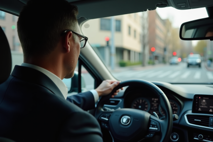 Homme en costume regardant le feu rouge en voiture