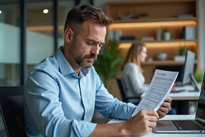 Homme d affaires examine une feuille de comparaison avec une calculatrice Guidelec