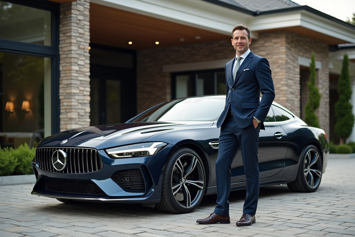 Homme en costume avec voiture de luxe devant maison moderne