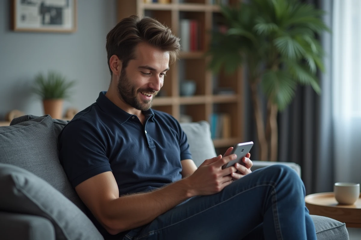 Homme débutant lisant des actualités automobiles sur son smartphone dans un salon moderne
