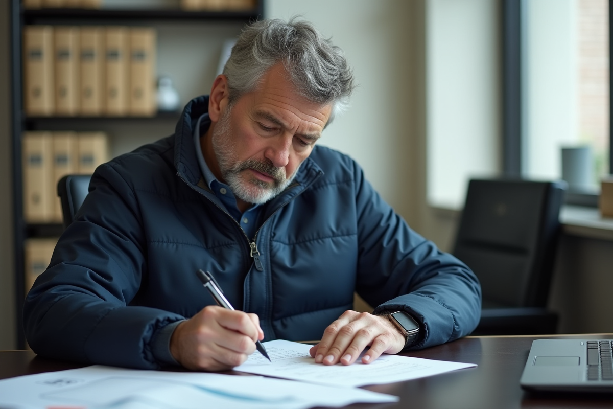 Homme d'âge moyen remplissant un formulaire officiel dans un bureau administratif