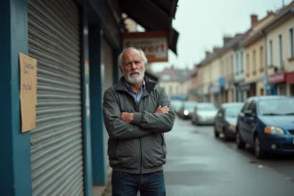 Homme inquiet devant la devanture fermée d'un garage automobile à Houilles après la cessation d'activité de Dinatel Auto