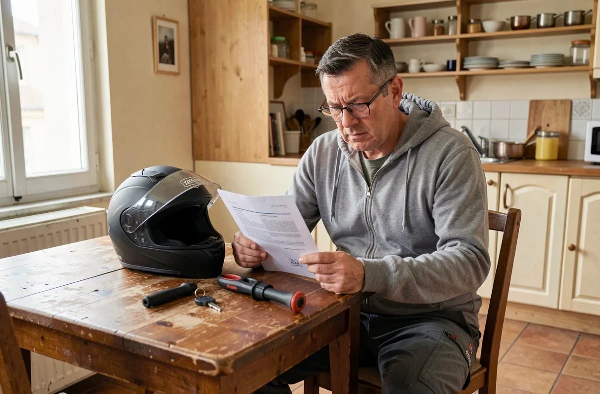 Homme lisant un document d'assurance scooter à la maison avec son casque sur la table