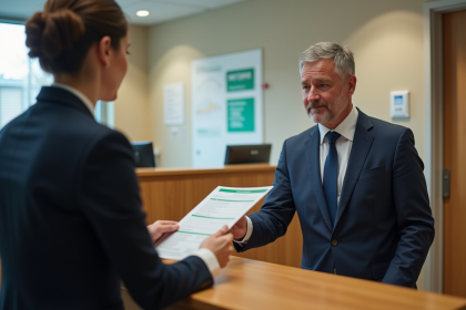 Homme d'âge moyen remettant ses documents à une agente