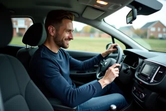 Homme dans sa trentaine entrant un code dans la radio de sa Renault Clio