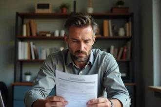 Homme examinant sa carte grise à son bureau pour retrouver un numéro de formule manquant