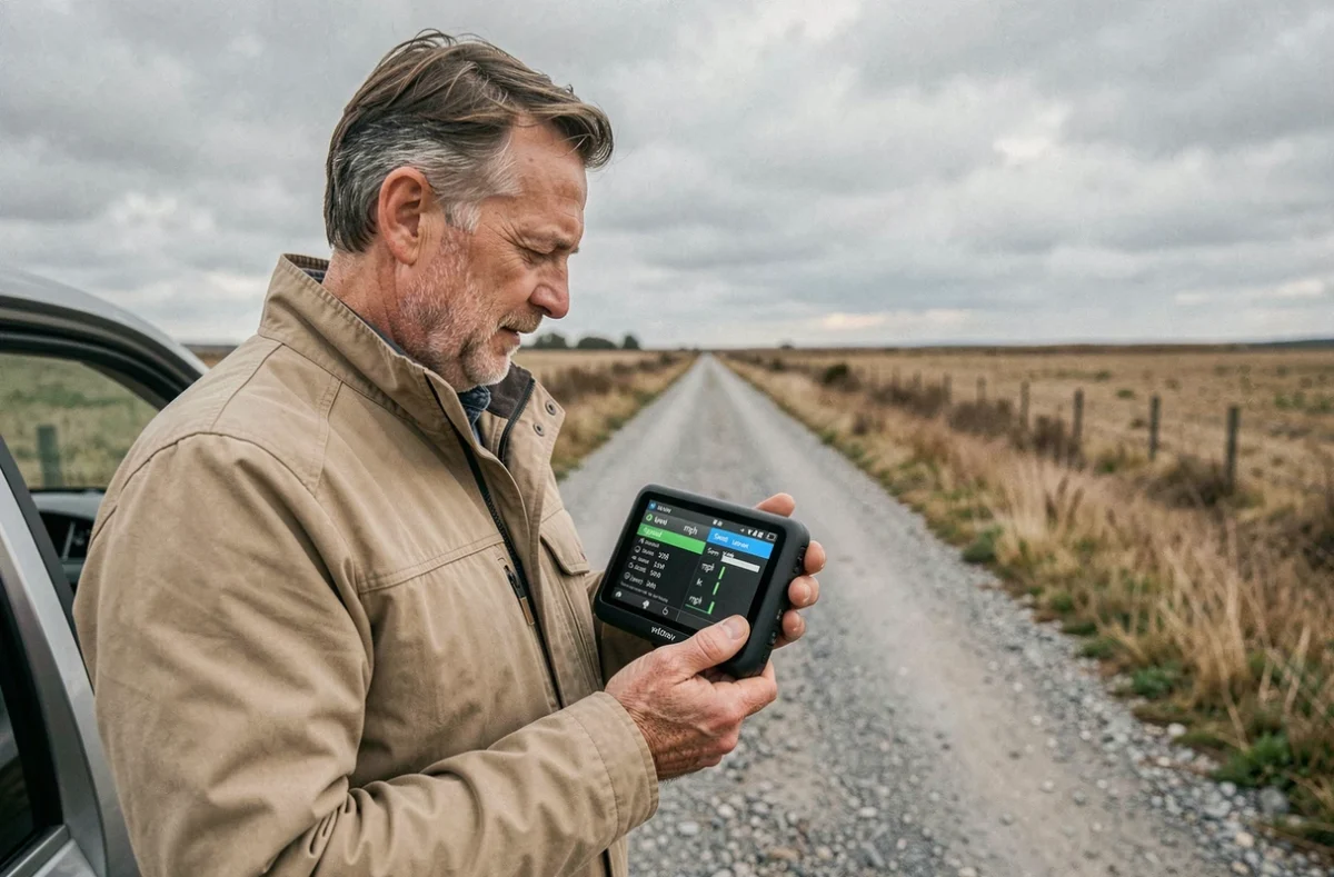 Homme consultant les paramètres de conversion miles en km/h sur un GPS en bord de route à la campagne