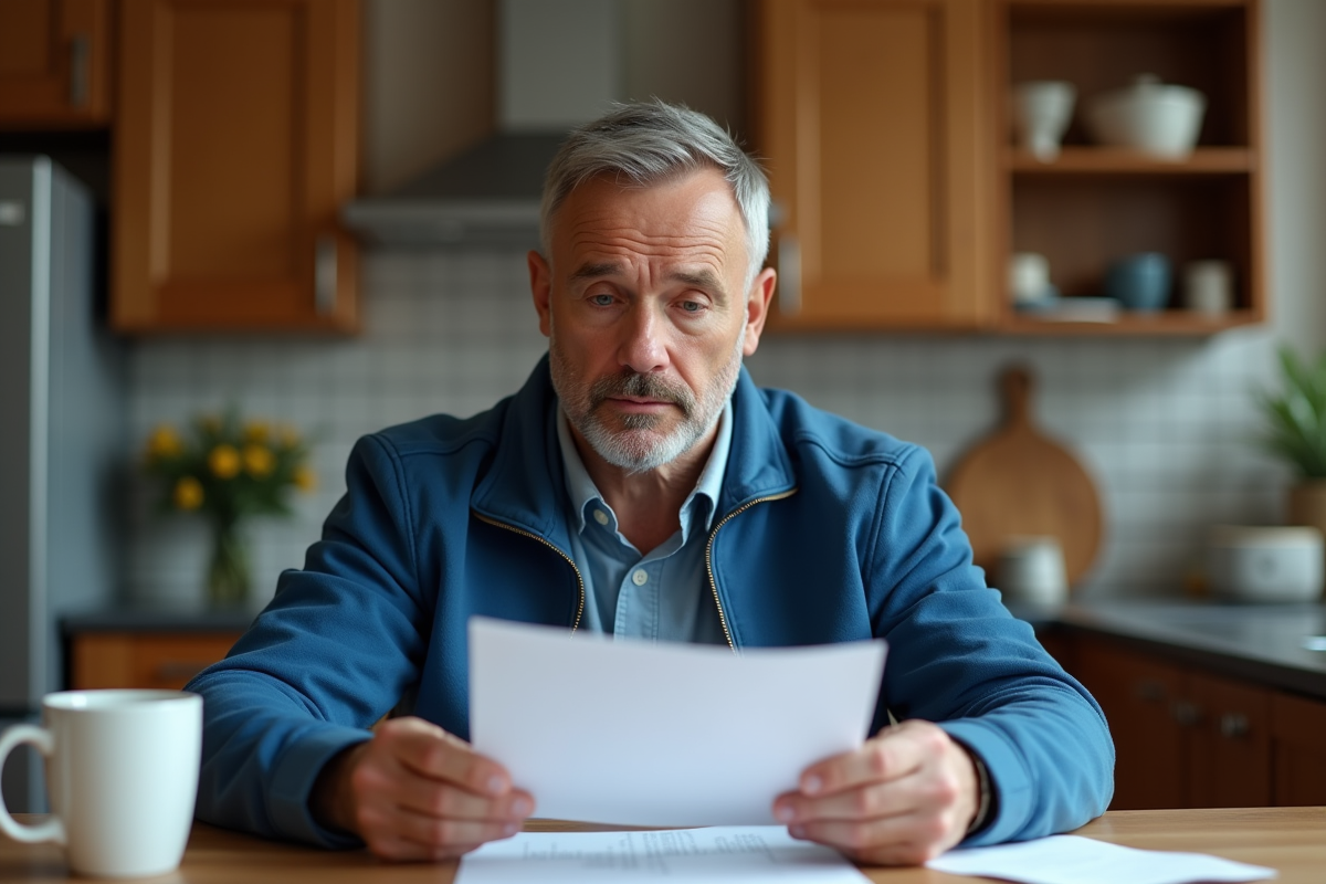Homme d'âge moyen lisant un avis dans la cuisine