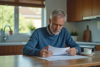 Homme d'âge moyen examinant des papiers dans sa cuisine