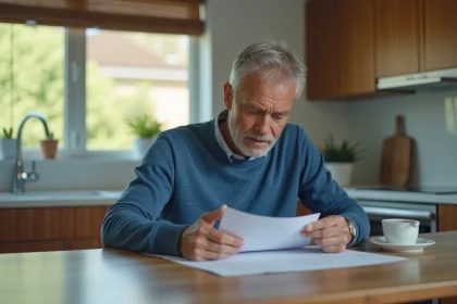 Homme d'âge moyen examinant des papiers dans sa cuisine