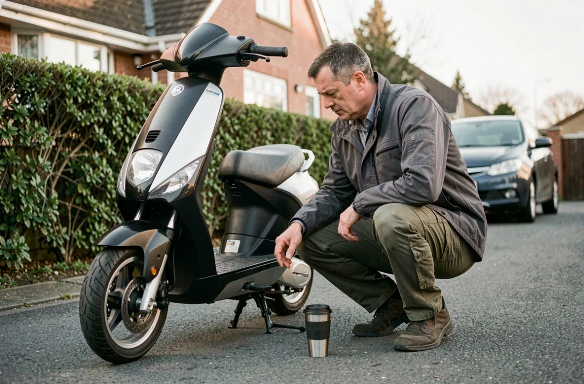 Homme d'âge mûr inspectant son maxi-scooter dans une allée pavillonnaire avant son trajet quotidien